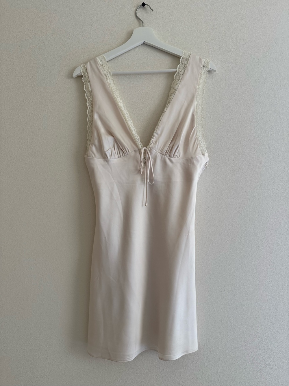 Cotton Candy Satin Chemise with Lace Trim in Pale Blush